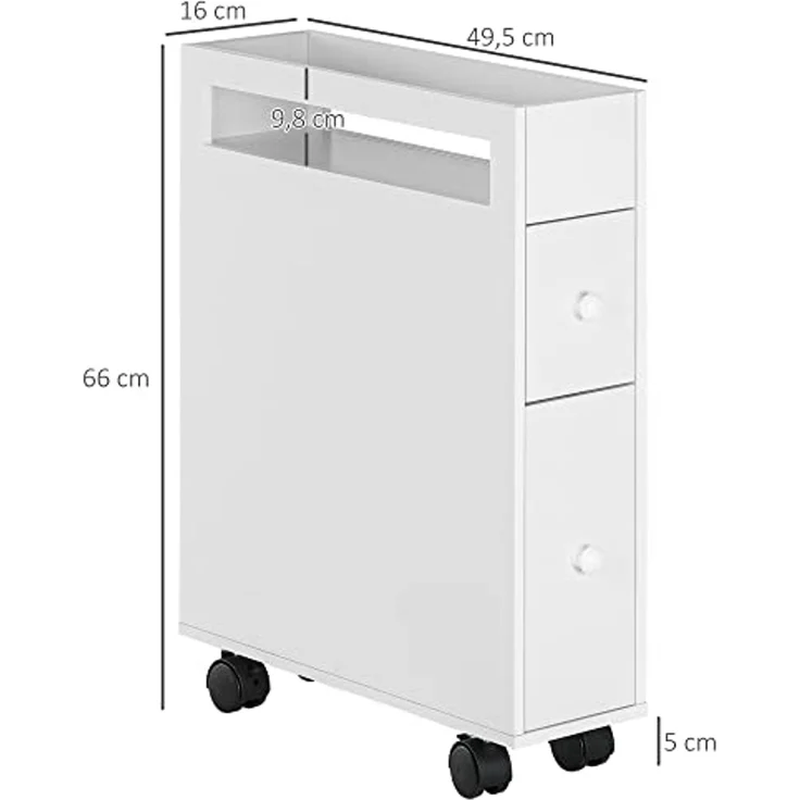 kleankin Badezimmerschrank mit Rollen, Nischenschrank mit 2 Schubladen, Badschrank mit offenem Fach, Badrollwagen, für Bad, 16 x 49,5 x 66 cm, Weiß – Bild 3