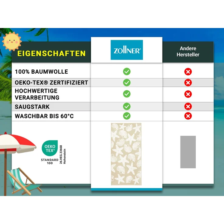 ZOLLNER Strandlaken, 100% Baumwolle, 90x180 cm, beige mit Meerestieren – Bild 5