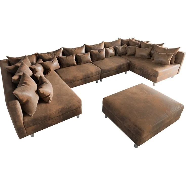 DELIFE Couch Clovis XL Braun Antik Optik mit Hocker Wohnlandschaft Modules Sofa