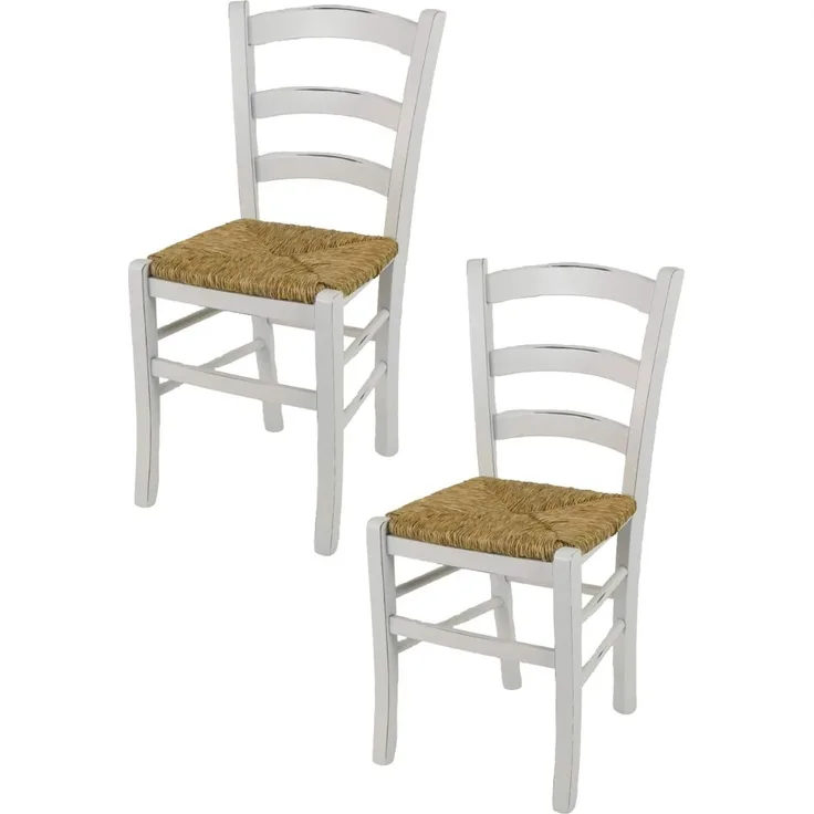 Tommychairs - 2er Set Stühle Venezia für Küche und Esszimmer, Robuste Struktur aus lackiertem Buchenholz im Shabby Chic Stil, handwerklich antik behandelt und Sitzfläche aus Stroh