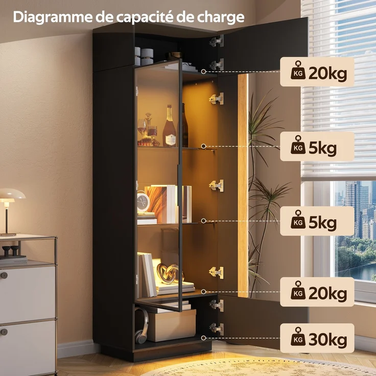 ZUBALIYA Vitrine (60 x 40 x 180 cm), LED - Beleuchtung, Glastüren, Aufbewahrung für Sammlerstücke, Geschirr und Dekoration, Schwarz – Bild 17