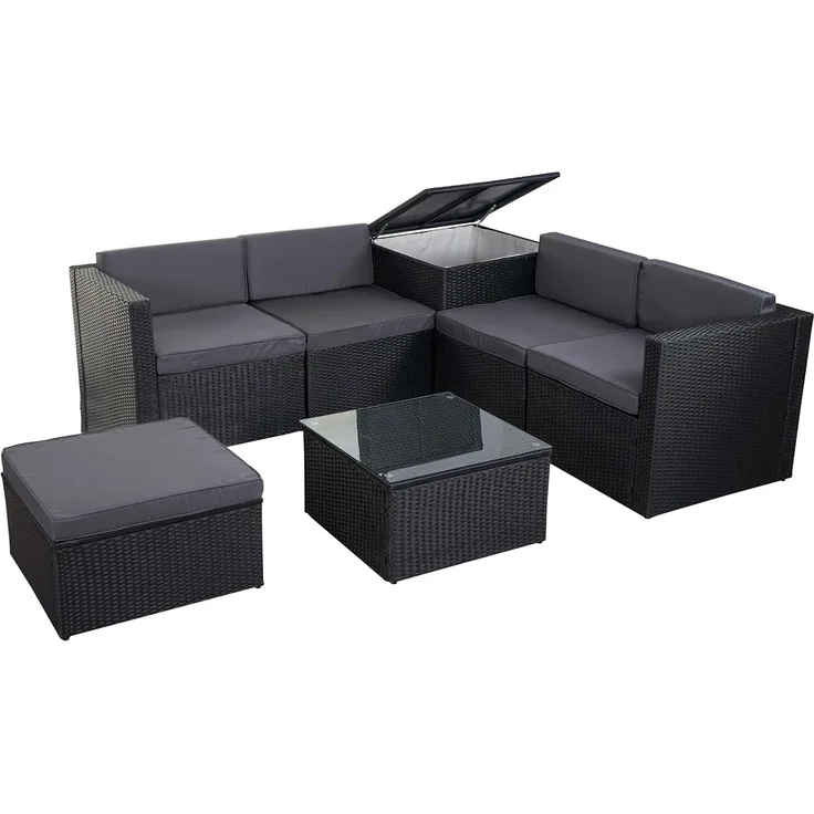Poly-Rattan-Garnitur HWC-D21, Balkon-/Garten-/Lounge-Set Sofa Sitzgruppe, Box Staufach ~ anthrazit, Kissen dunkelgrau