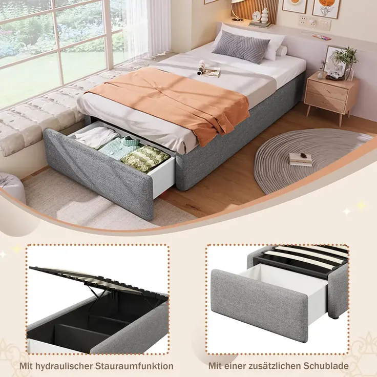 Futonbett mit Bettkasten, Lattenrost und Schublade, 90x200 cm, Bezug, Leinen – Bild 4