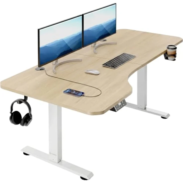 Casaria Elektrischer Schreibtisch L-Form 160x75cm, Höhenverstellbar 73-118cm mit LCD-Display und Stahlgestell in Beige, inkl. Tassen- und Kopfhörerhalter – Bild 1