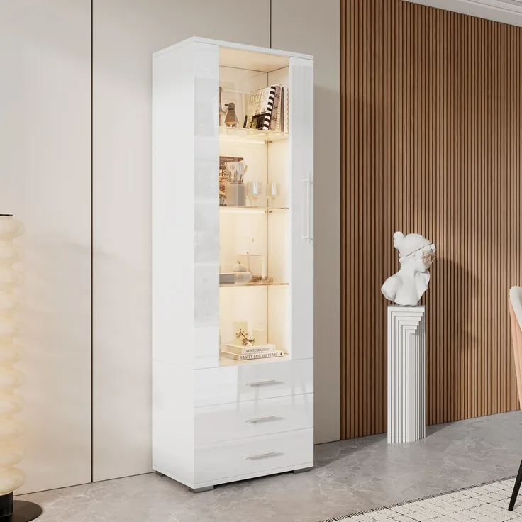 Weiße Hochglanzvitrine, Vitrine Glasvitrine , Standvitrine mit LED-Beleuchtung, Vertikale Vitrine mit 3 Schubladen, 60*35*180cm--Weiß--60x35x180cm--YOUDENOVA