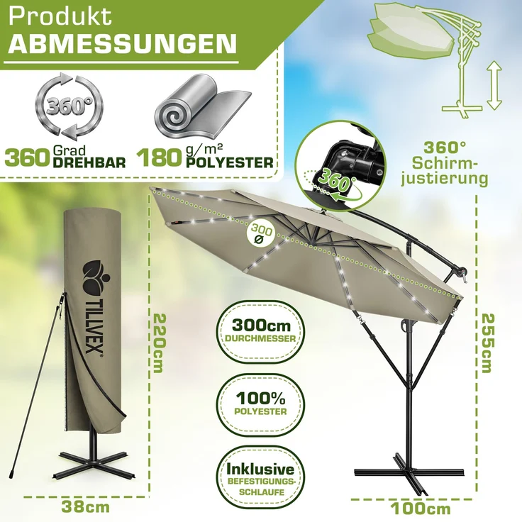 tillvex Alu Ampelschirm Braun LED Solar Ø 300 cm mit Kurbel | Sonnenschirm mit An-/Ausschalter | Gartenschirm UV-Schutz Aluminium | Kurbelschirm mit Ständer Marktschirm wasserdicht – Bild 2