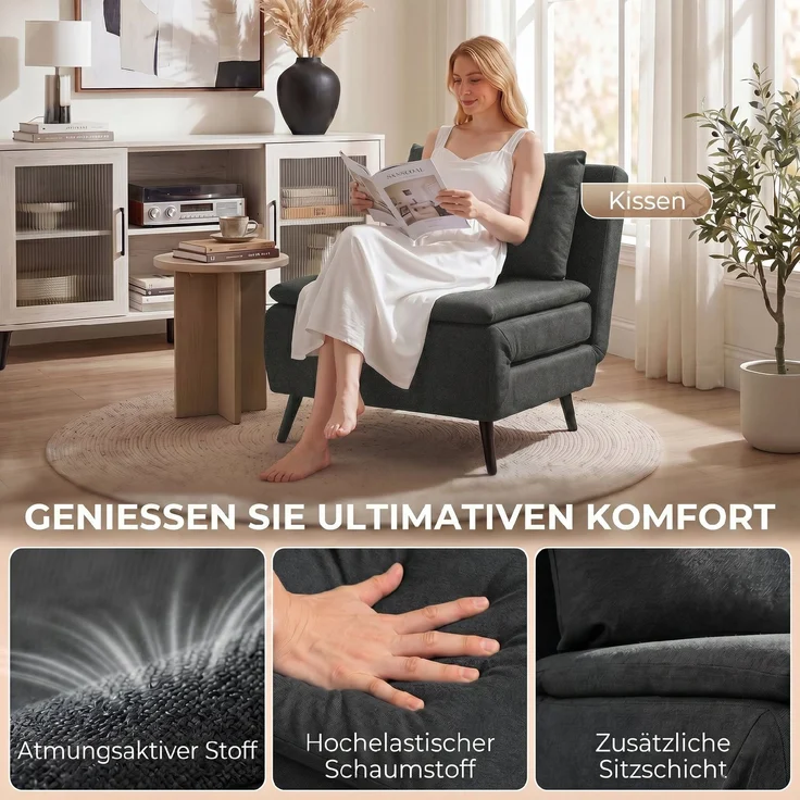 Schlafsessel, 3-in-1 Klappbarer Leinen-Schlafsessel mit verstellbarer Rückenlehne, S-Federn, Metallbeinen, Dunkelgrau--Dunkelgrau--90x89x79cm--YOUDENOVA – Bild 8