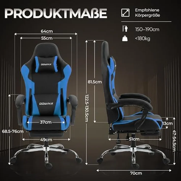 Dowinx Gaming Stuhl, Ergonomischer Gamer Stuhl für Büro und Home Office, Verstellbarer Bürostuhl mit Rückenlehne bis 150°, mit Fußstütze, Belastbar bis 180 kg, Blau – Bild 3