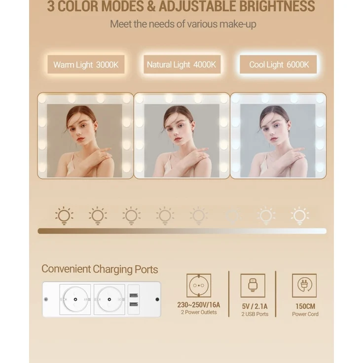 Schminktisch mit 10 LED-Beleuchtung, Hocker, Frisiertisch mit Große Spiegel, Schminktische mit Stecker, Und Haartrocknerhalter, Und Mehreren Schubladen, Weiß, 40 x 90 x 139 cm – Bild 5