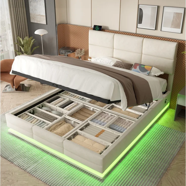 Modernes Velours-Polsterbett 140x200 cm - Höhenverstellbar, USB-Anschlüsse, LED-Beleuchtung, Beige – Bild 3