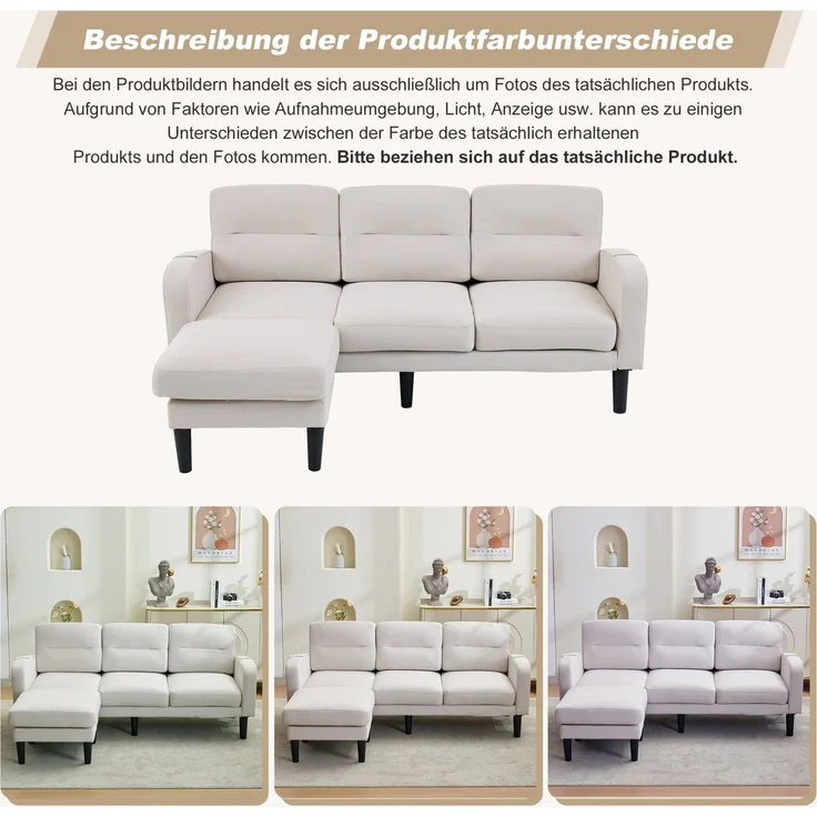 DESVIAE Sofa 3-Sitzer mit Chaiselongue und Seitentaschen 204x80x136 cm Vliesstoff Beige – Bild 6