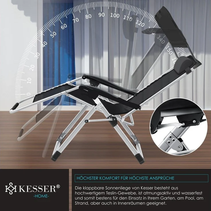 KESSER® Sonnenliege Liegestuhl, klappbare Gartenliege extra breit & Wetterfest, Belastbar 200kg, Ergonomisches Polster, verstellbare Rückenlehne inkl. Nackenkissen, Getränkehalter & Armpolster Schwarz, Liege (Mit Sonnendach) – Bild 3