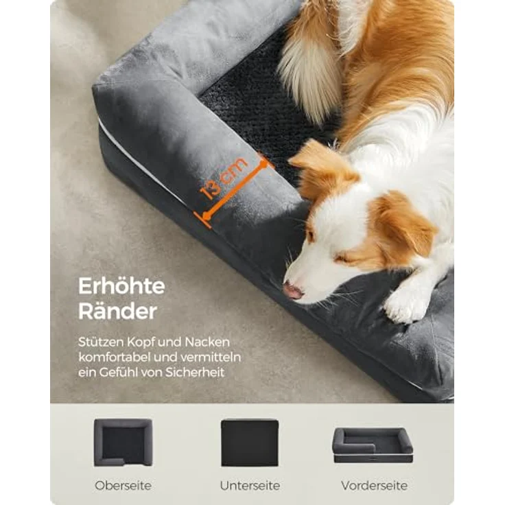Feandrea Orthopädisches Hundebett, Hundekissen, Hundekorb, weiche Polsterung, Hundesofa, erhöhte Ränder, Bezug abnehmbar und waschbar, 91 x 71 x 20 cm, rutschfeste Unterseite, hellgrau PGW076G02 – Bild 5