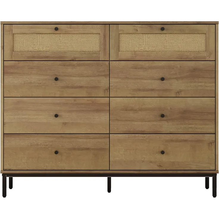 OTTO home Kombikommode Motala Wäsche Schrank mit 8 Schubladen Sideboard BOHO Design (Eichen-Design mit schwarzen Griffen und Geflecht Schubladen), Kommode Schrank Wäscheschrank mit 8 Schubladen