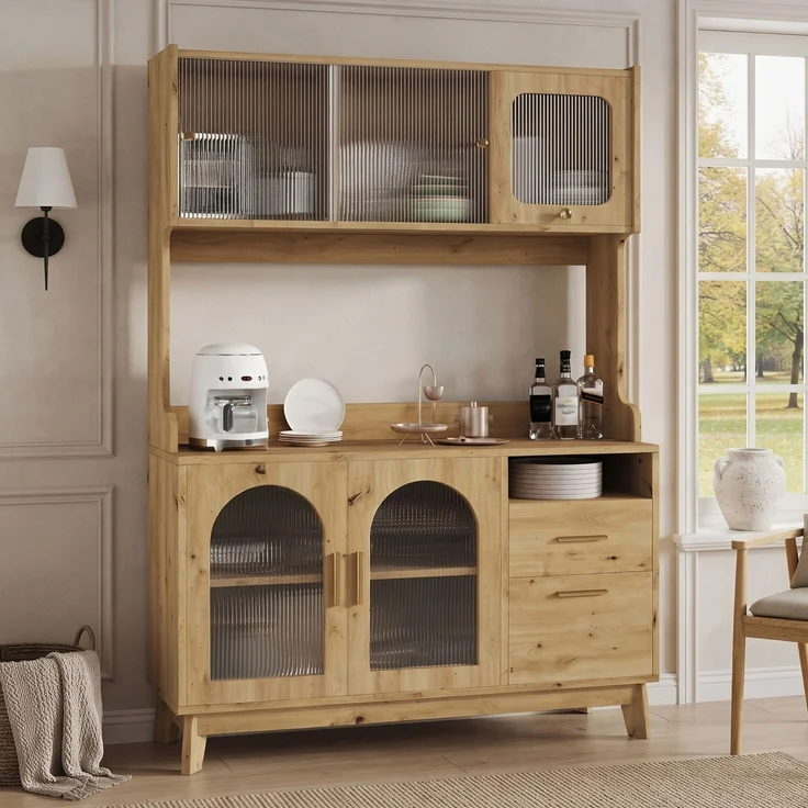 ZUBALIYA Buffetschrank 120 x 40 x 178 cm, mit Acrylglasfront, 2 Steckdosen, USB-A und USB-C, verstellbaren Einlegeböden, Holzfarben – Bild 2
