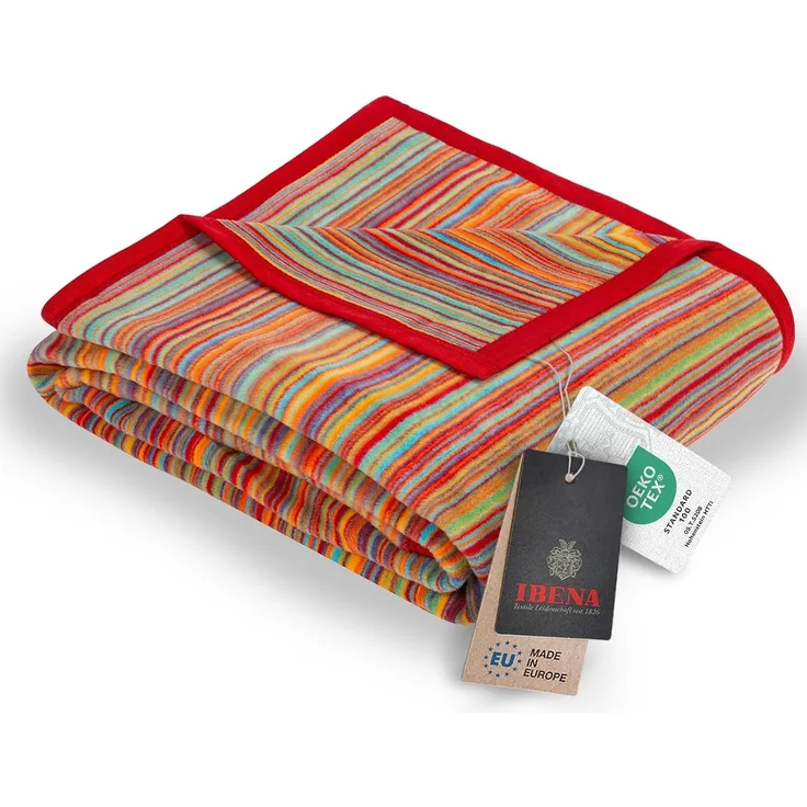 Ibena Malang Wolldecke 150x200 cm - Baumwollmix weich, warm & waschbar, Kuscheldecke Streifen bunt