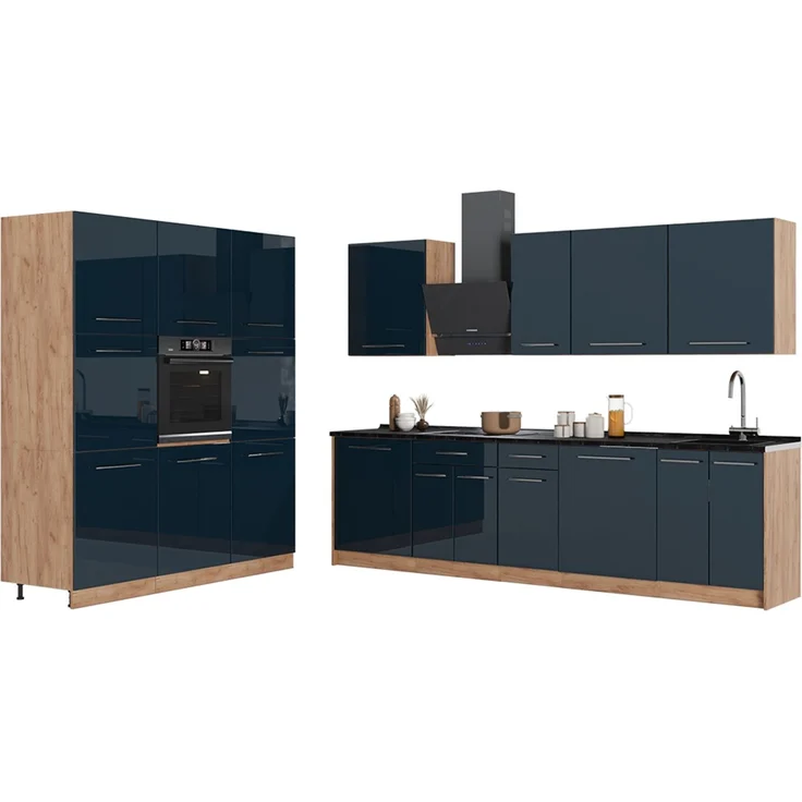 Küchenzeile Fame-Line Dunkelblau Hochglanz/Goldkraft Eiche 460 cm ohne Arbeitsplatte Vicco – Bild 4