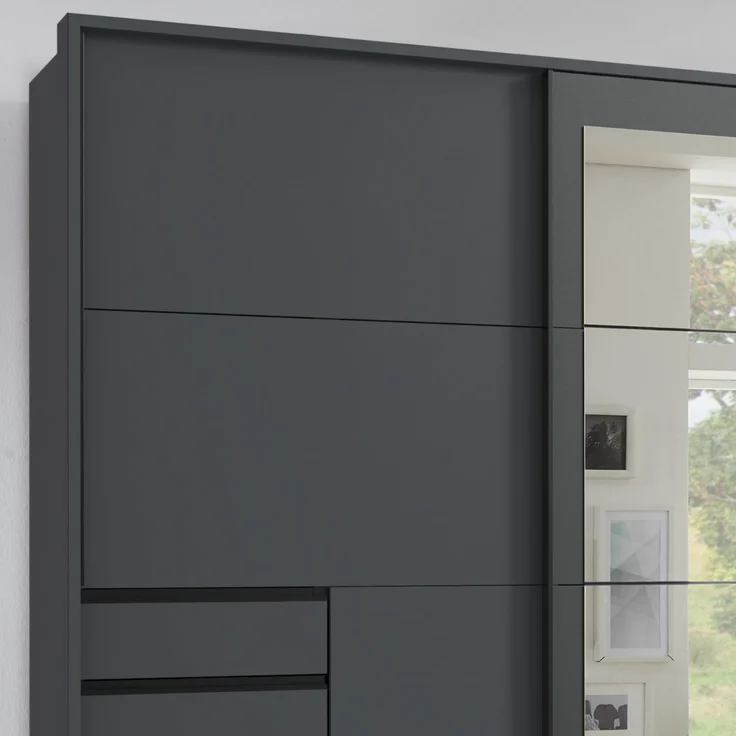 Schwebetürenschrank Kleiderschrank 273cm 3-trg. Passepartout Schubladen Spiegel Grafit – Bild 5