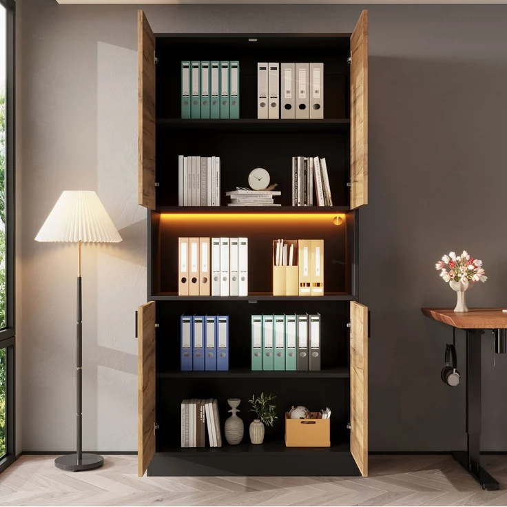 Aktenschrank mit LED-Fach & verstellbaren Böden, 80x35x180 cm, Schwarz/Eiche – Bild 2