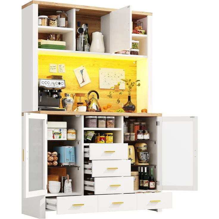 Seitenboard / Aufbewahrungsschrank / Multifunktions-Küchenschrank / Buffetschrank, 120x40x188cm, Landhausstil, 4 Türen, mit LED-Lichtleiste, 6 Schubladen & 3 Türen, Weiß mit Holzoptik – Bild 10