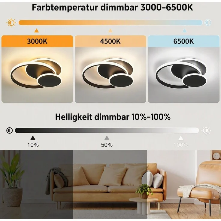 BlingBin LED Deckenleuchte dimmbar 3 Ringe Deckenlampe 33 W, 1819 lm, Bluetooth App, Schwarz, 3-Ringe, LED fest integriert, Warmweiß, Kaltweiß, Neutralweiß, für Wohnzimmer Schlafzimmer Büro Küche Esszimmer und Flur – Bild 3