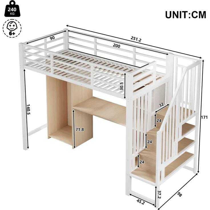 Metall-Hochbett 90×200cm mit integriertem Schreibtisch, Kleiderschrank & Stauraumtreppe, Stahl+E1-MDF, Weiß, ohne Lattenrost+Matratze, Gesamt L251,2 × T98 × H171 cm – Bild 5