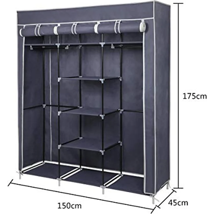 Mondeer Stoffschrank für Schlafzimmer, Kleiderschrank, zusammenklappbar, mit sechs Reißverschlüssen und DREI Türen, schneller Zugriff, 175 x 150 x 45 cm, großes Stauraum, Grau – Bild 3