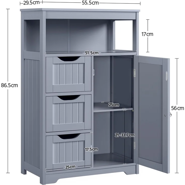 Yaheetech Badkommode mit Schubladen und verstellbarem Regalbrett, Holz, 86,5 x 29,5 x 55,5 cm, Grau – Bild 4