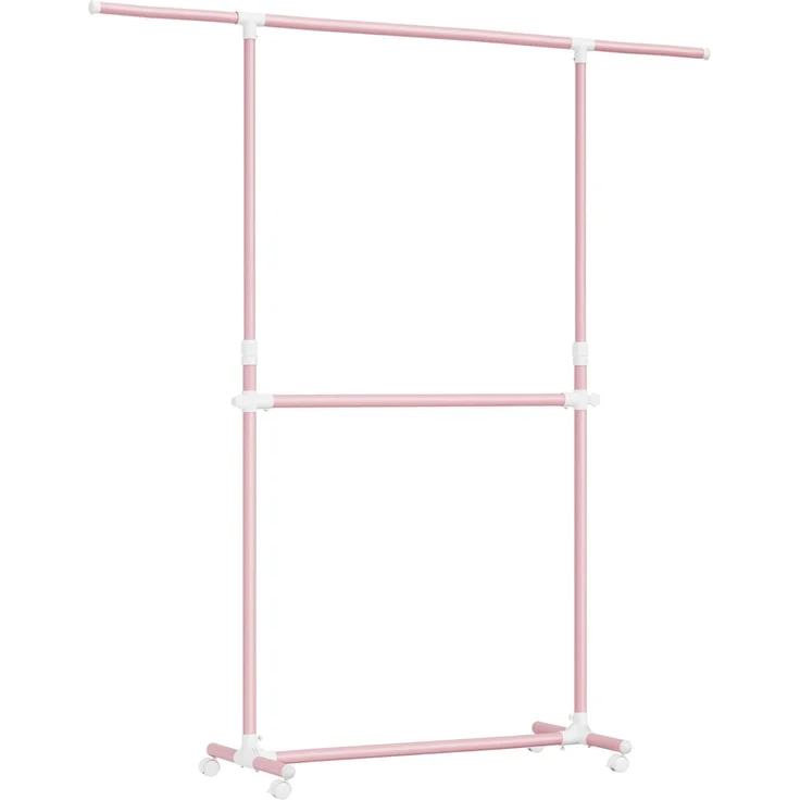 SONGMICS Kleiderständer mit 2 Kleiderstangen, ausziehbare Garderobenstange, mit Rollen, Garderobenständer, höhenverstellbar zwischen 113 und 180 cm, untere Stange verstellbar, pastellrosa LLR401R01