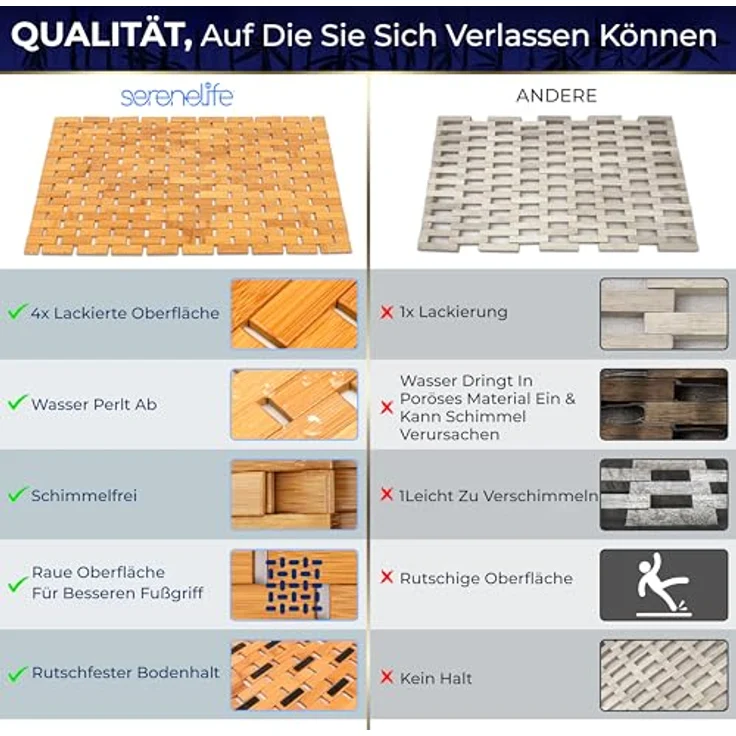 SereneLife Bambusmatte, 40x60cm Antirutschmatte Dusche, Schimmelresistent | Bambusteppich Rollbar, für Bad, Outdoor, Spa, Sauna, Küche und Terasse, Schnell Trocknend – Bild 6