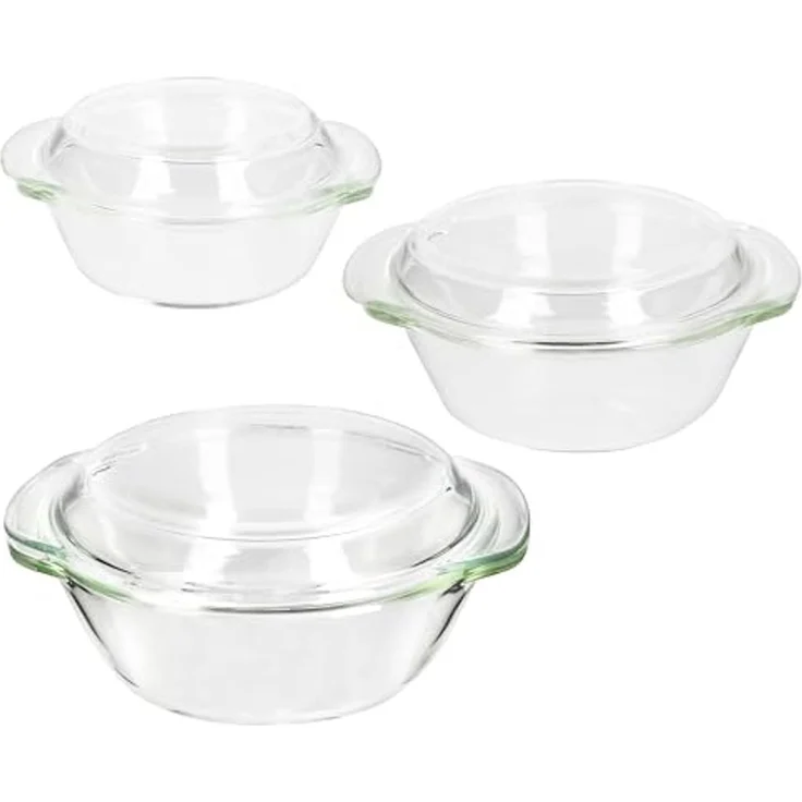 MamboCat Auflaufform 3tlg Set Brat- & Backform 0,7L 1L 1,5L Deckel Auflaufform rund Glas, Glas – Bild 4