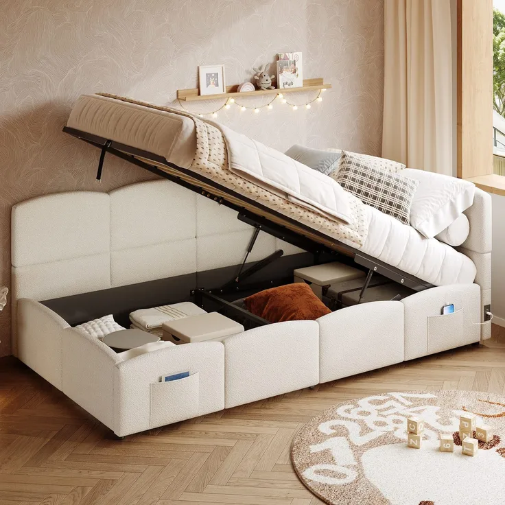 Polsterbett mit Aufbewahrung, Taschen, Lattenrost, USB und Type-C, 90x200 cm, Einzelbett mit gepolstertem Kopfteil, Samt