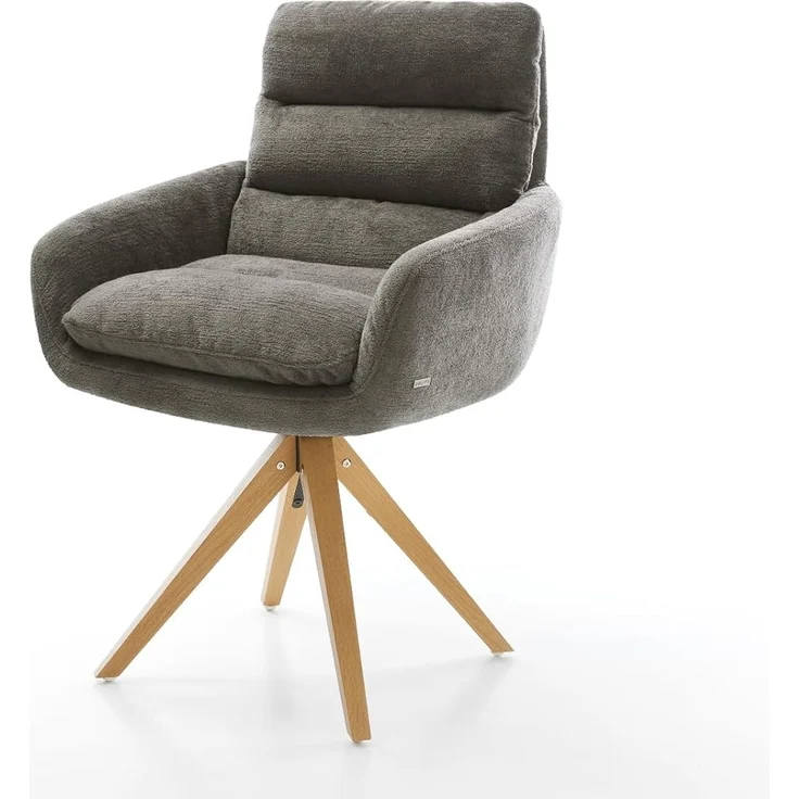 Drehstuhl Abelia-Flex mit Armlehnen Bouclé Soft Schlamm Holzgestell kantig Natur 180° drehbar – Bild 3