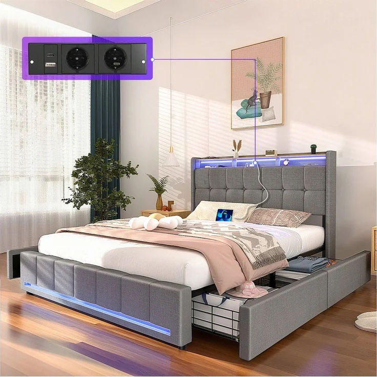 oyajia Polsterbett LED Doppelbett 140x200 cm mit 4 Schubkästen und Kopfteil, Ladefunktion (Leinenmaterial Polsterbett mit mit Lattenrost und Ladefunktion), Typ-C, USB-A, 2 Steckdosen,mit RGB Beleuchtung – Bild 2