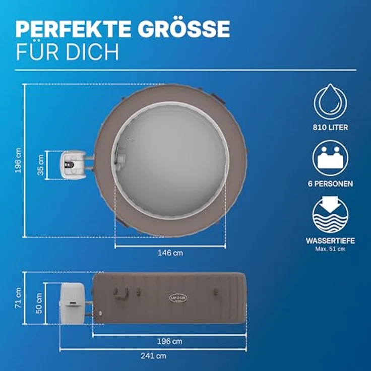 Bestway Lay-Z-SPA Whirlpool Dominica HydroJet, Ø 196 x 71 cm, 6 Personen, Heizung, Frostwächter, 4 HydroJet-Düsen, 140 AirJet-Düsen, App-Steuerung, Thermo-Abdeckung, Energieeffizient, Urbanbraun – Bild 4