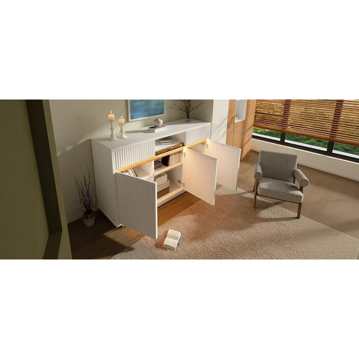 TavilaEcon Sideboard Kommode, Schrank mit LED, 2 Schubladen und 3 Türen weiß 85 × 40 × 140 cm (H × T × B) – Bild 5