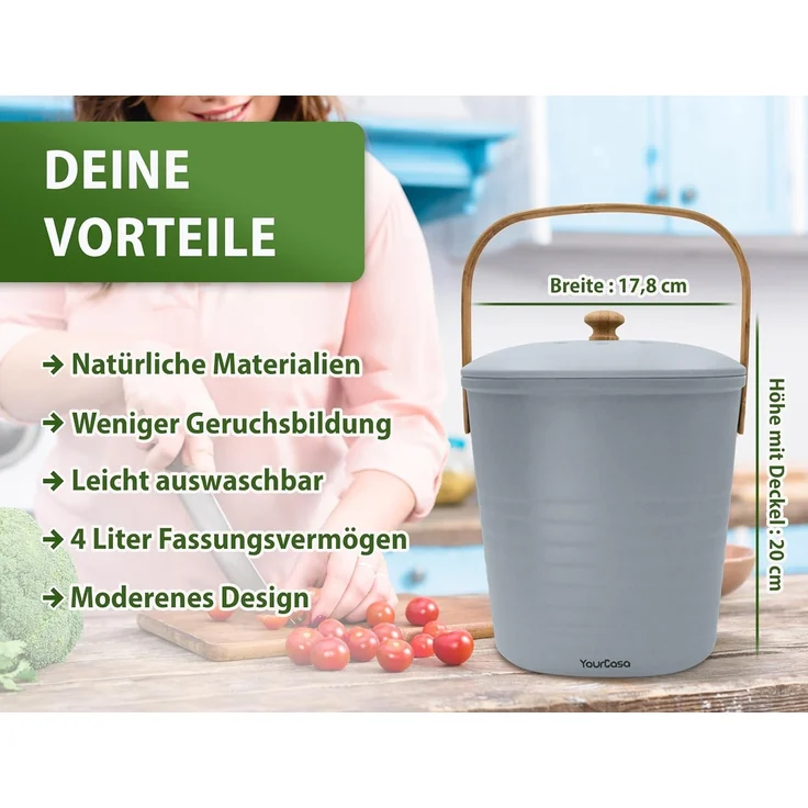 YourCasa Biomülleimer YourCasa® Biomülleimer Küche Klein 4L nachhaltig mit Akivkohlefilter, Fassungsvermögen 4 Liter, Nachhaltige Materialien – Bild 5