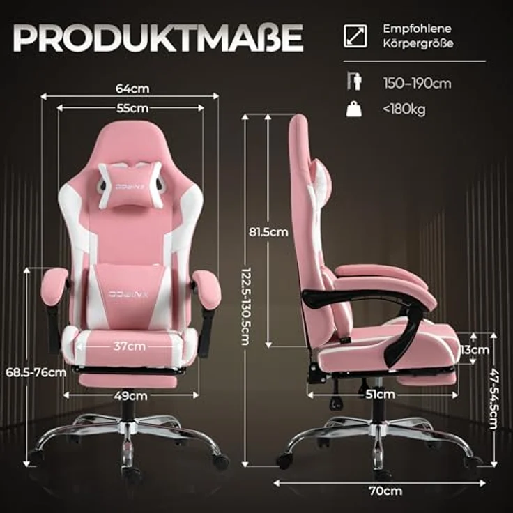 Dowinx Gaming Stuhl, Ergonomischer Gamer Stuhl für Büro und Home Office, Verstellbarer Bürostuhl mit Rückenlehne bis 150°, mit Fußstütze, Belastbar bis 180 kg, Rosa – Bild 3