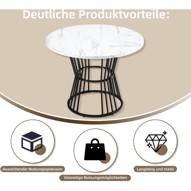 Essgruppe 5 Teilig Rundtisch 100 cm Marmor Optik mit 4 Samtstühlen Metallgestell Küchentisch Set Esszimmer Schwarz & Weiß – Bild 3