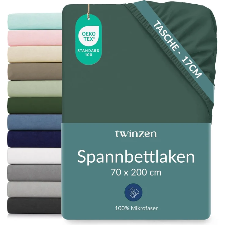 Twinzen Spannbettlaken Mikrofaser 70x200 Grün Steghöhe 20 cm