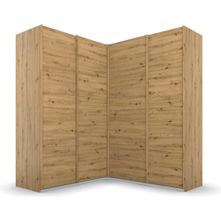 Rauch Möbel Quadra Schrank Eckschrank Schwebetürenschrank, Eiche Artisan, 4-trg, inkl. 2 Kleiderstangen, 12 Einlegeböden, 3 Schubkästen, BxHxT 181 x 210 x 187 cm