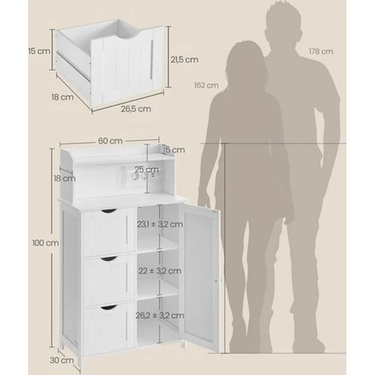 VASAGLE Badezimmerschrank, Badschrank, stehend, mit Tür, Steckdosenleiste, Schubladen, Schrank für Toilettenpapier, Toilettenschrank, verstellbare Ablagen, 30 x 60 x 100 cm, wolkenweiß BBC775W03 – Bild 5