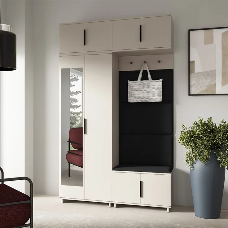 Garderoben-Set Napoli Version 1: Kleiderschrank mit Polsterpaneelen, Schuhschrank und Schrankaufsatz Flur und Eingangsbereich (Cashmere/Trinity 16), 229 x 40 x 140 cm