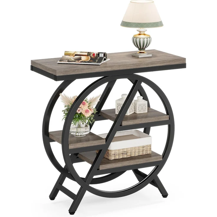 LITTLE TREE Beistelltisch, schmaler Beistelltisch mit 4 Ebenen großem Stauraum, moderner Nachttisch für Wohnzimmer, Homeoffice, Schlafzimmer, Grau – Bild 1