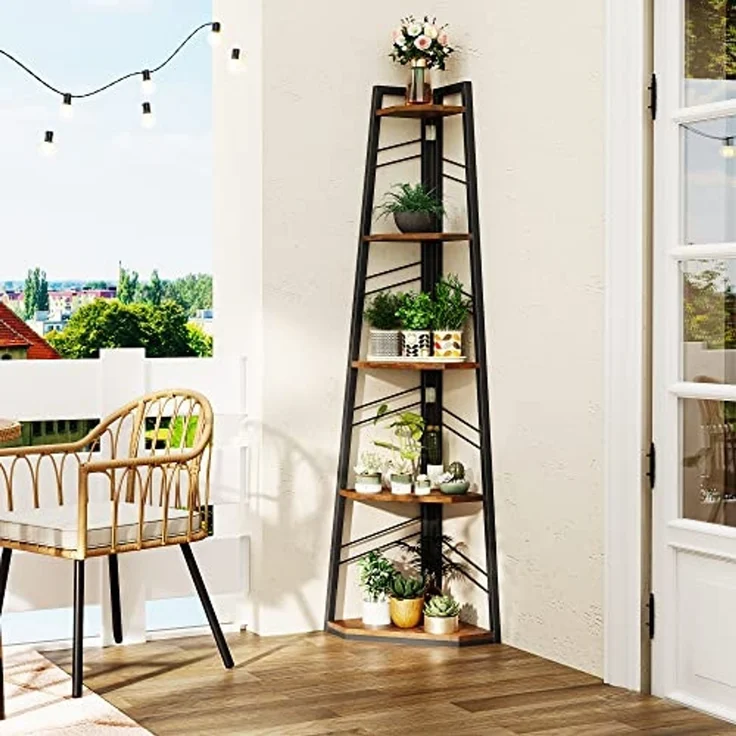 YITAHOME Eckregal, 5-stöckiges Leiterregal, Industrielles Bücherregal, Bodenstehendes Regal, Offenes Standregal aus Holz, für Wohnzimmer, Flur, Schlafzimmer, Home-Office, Vintagebraun Lagerregal – Bild 5