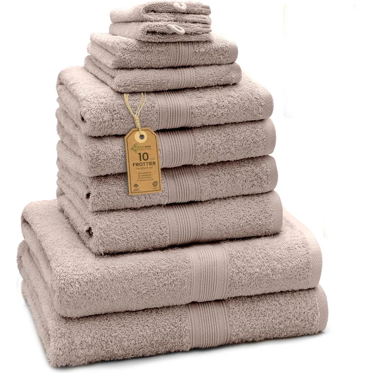 Green Mark Handtuch-Set mit 10 Teilen – 100% Baumwolle – 4 Handtücher 50×100 cm, 2 große Duschtücher 70×140 cm, 2 Gästetücher 30×50 cm und 2 Waschhandschuhe – Sand/Beige – Bild 1