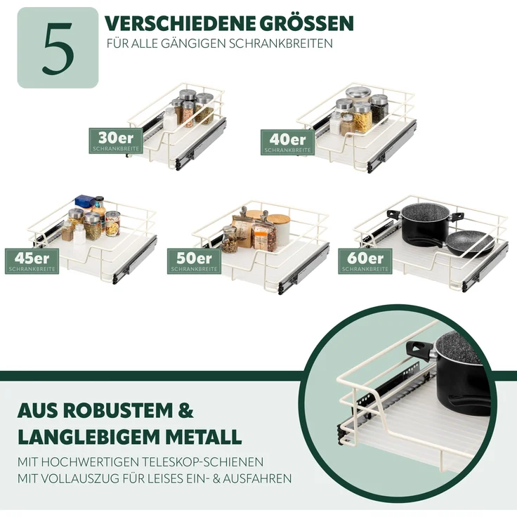 Teleskopschublade für 40 cm Schrank mit Einlegeboden, aus Metall, cremeweiß – Bild 5