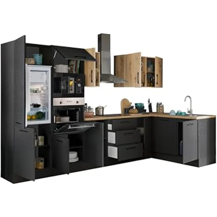 Turin LBM Eckküche 340 x 211 x 60 cm, schwarz - Ohne Küchengeräte - Moderne, geräumige Küche in Artisan-Eiche Optik mit viel Stauraum – Bild 4