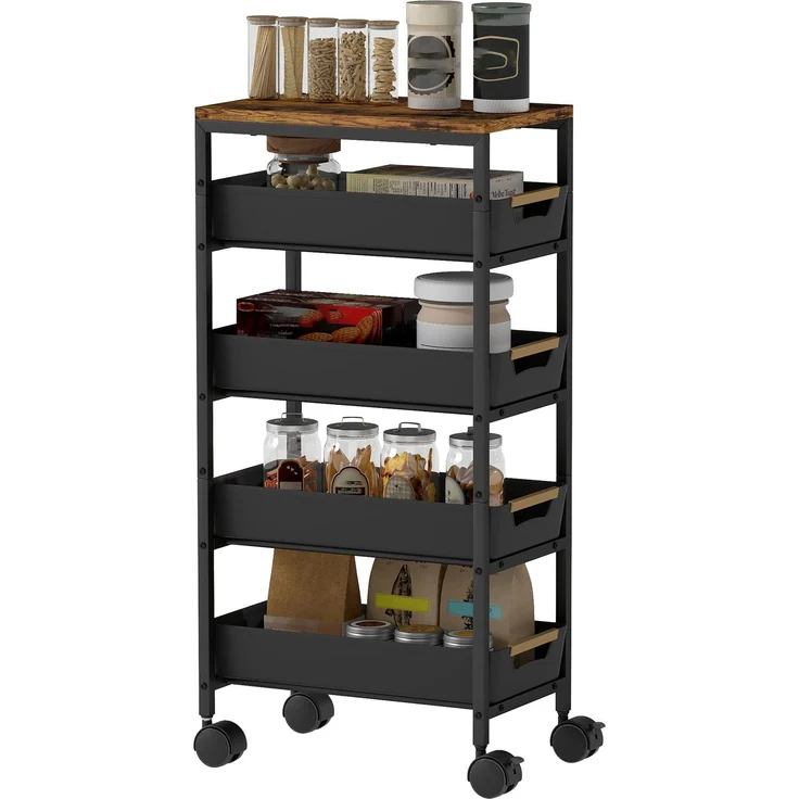 MELAYR, 5-stufiger Küchenwagen, Holzoptik, rollbar, Metallrahmen, 4 Schubladen, Schwarz, 39.5 x 24 x 82 cm – Bild 2