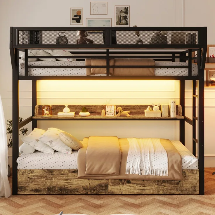 Etagenbett, 90 x 200 cm, Eisenbett, Ablagebord, Aufbewahrungskorb, 2 Eisenschubladen, LED-Licht,ohne Matratze, Schwarz